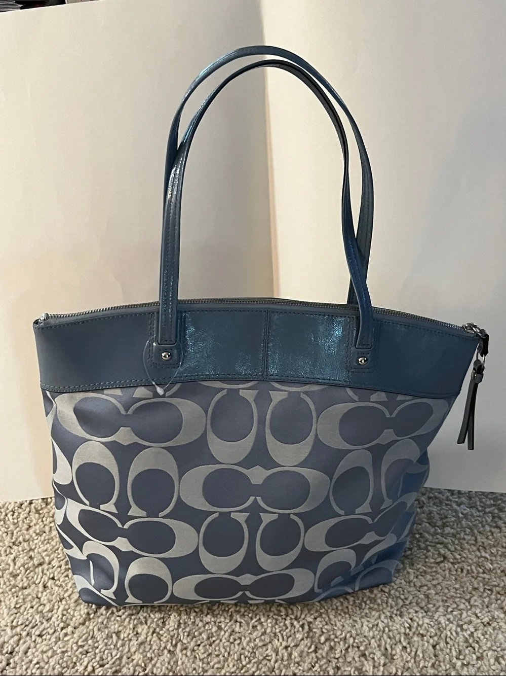 Coach Blue Signature Canvas Tote with Leather Trim